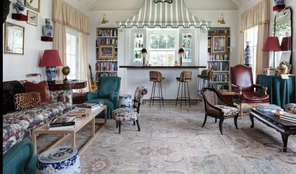 View to the wet bar at one end of the living room at Goodthyme Farm (Photo by Kerry Kirk Photography)